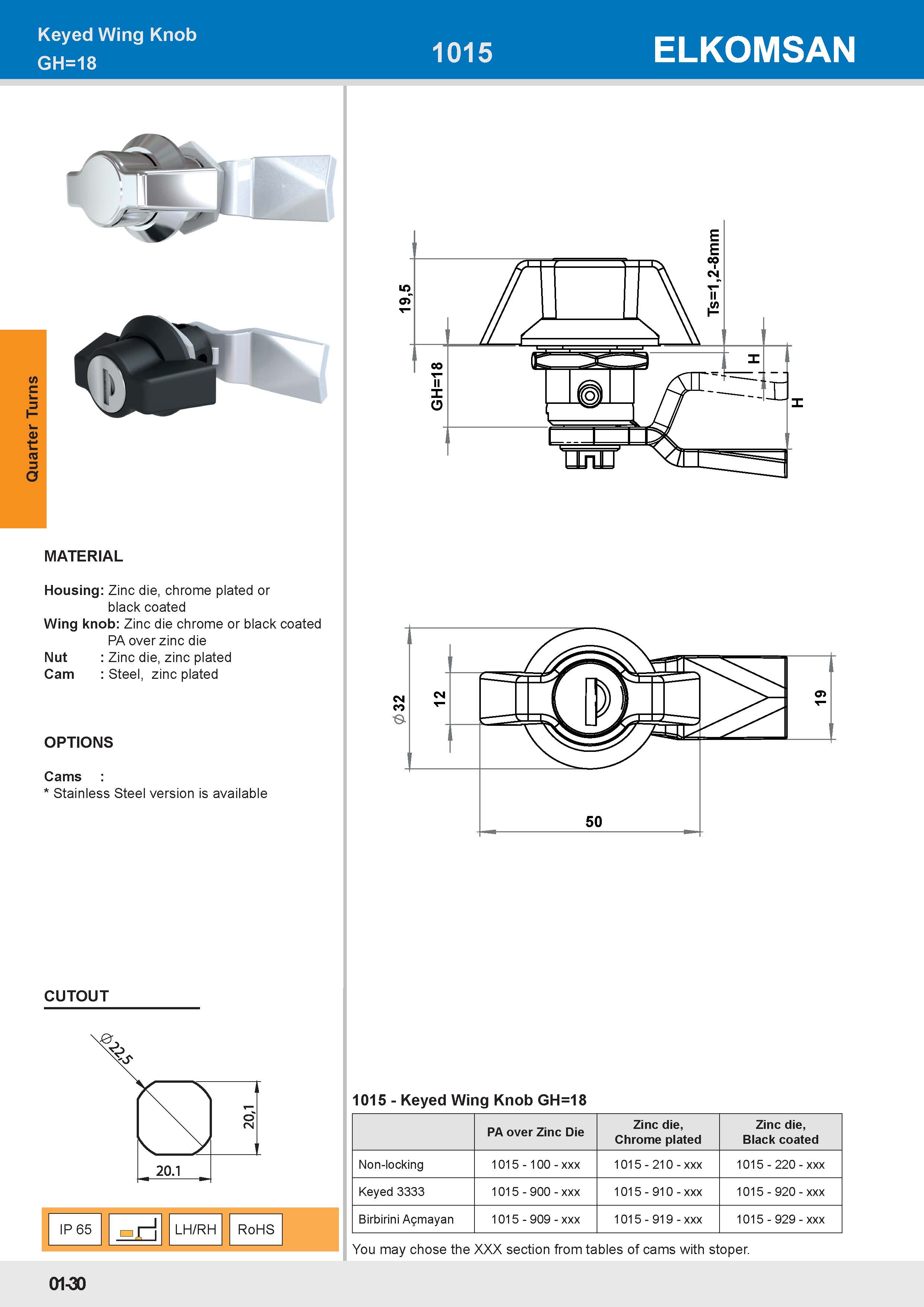 1015 Keyed Wing Knob GH=18