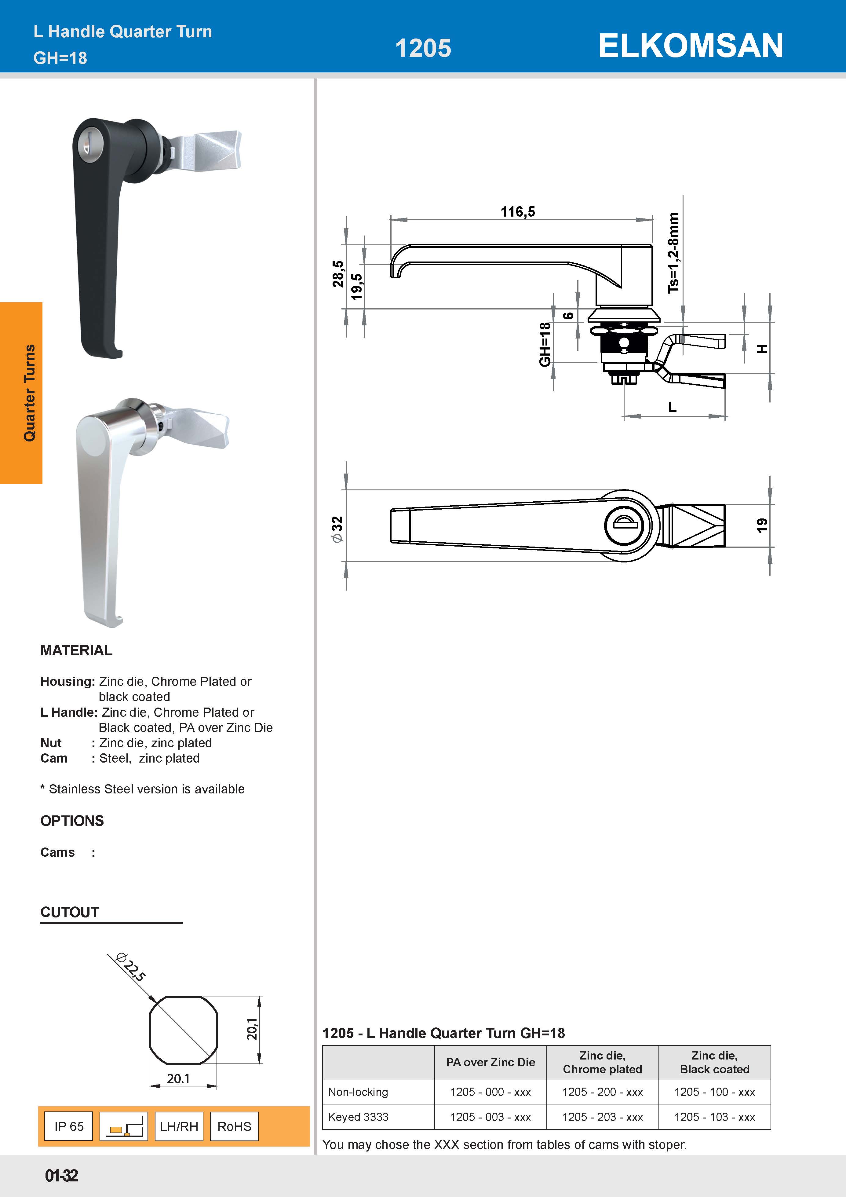 1205 L Handle Quarter Turn GH=18