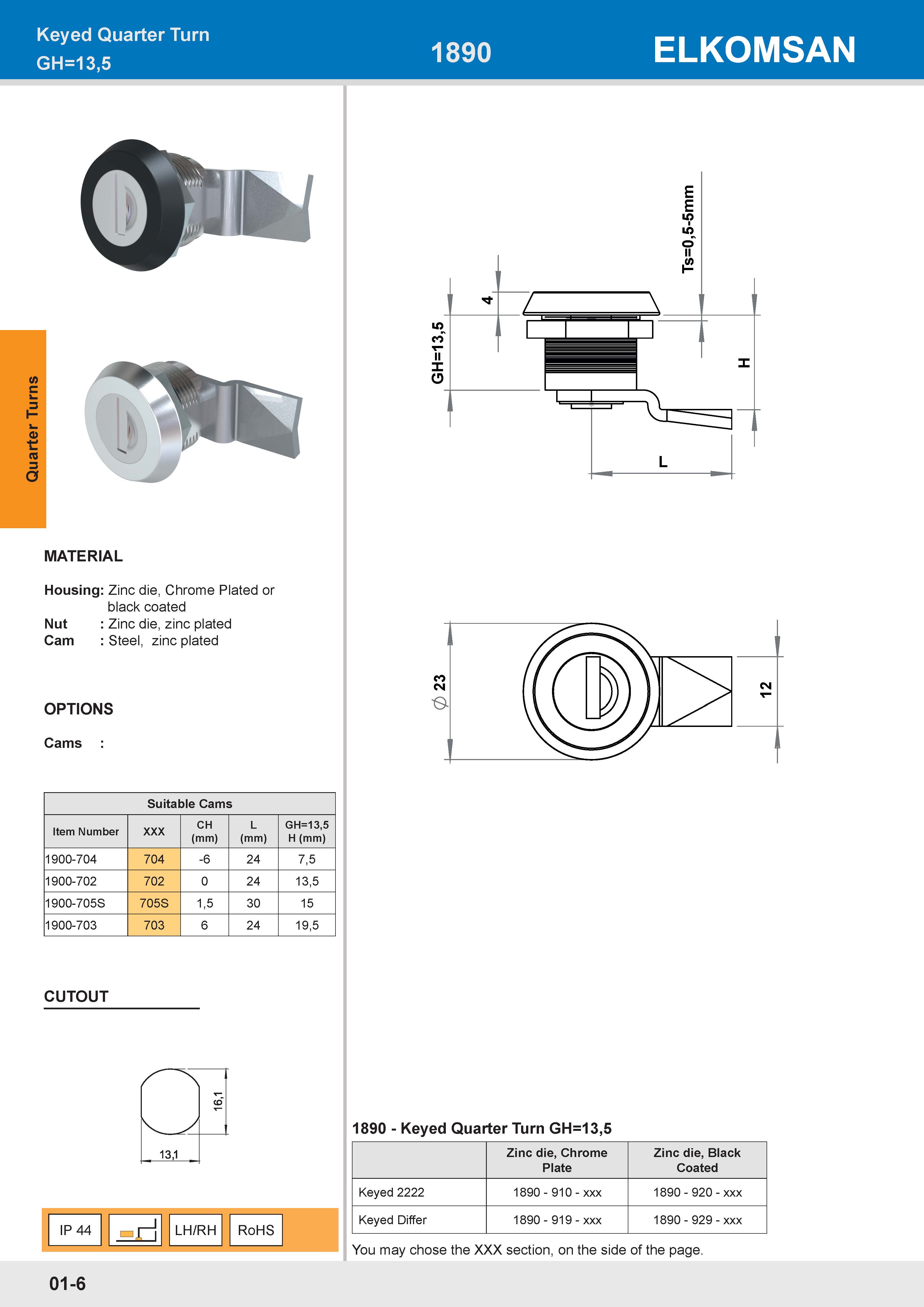 1890 Keyed Quarter Turn GH=13,5