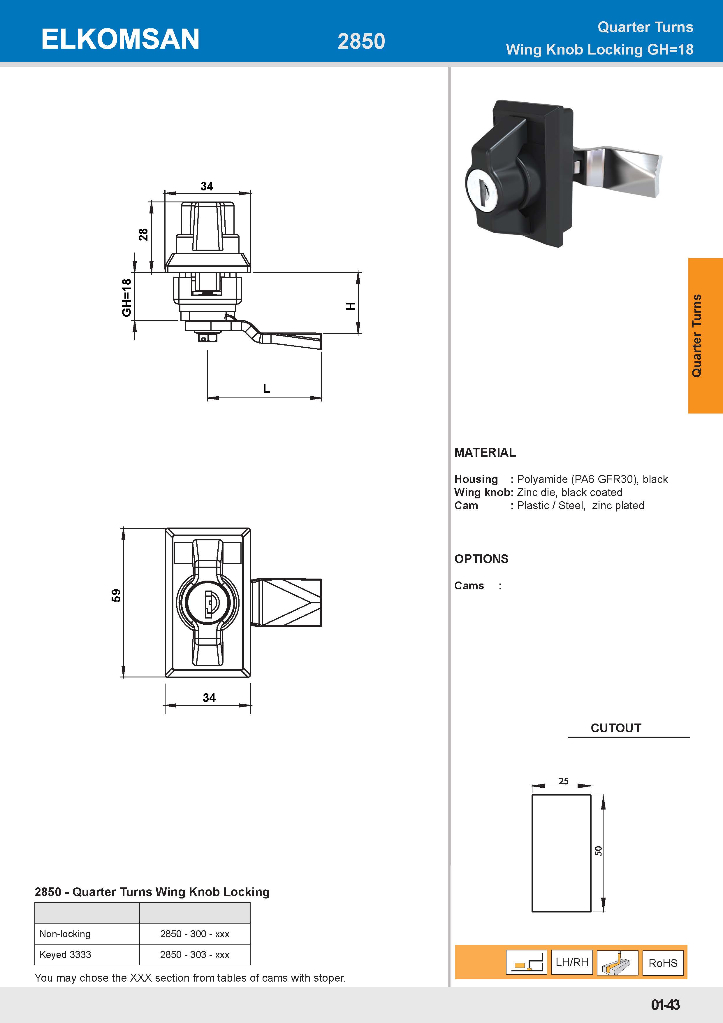 2850 Quarter Turns Wing Knob Locking GH=18