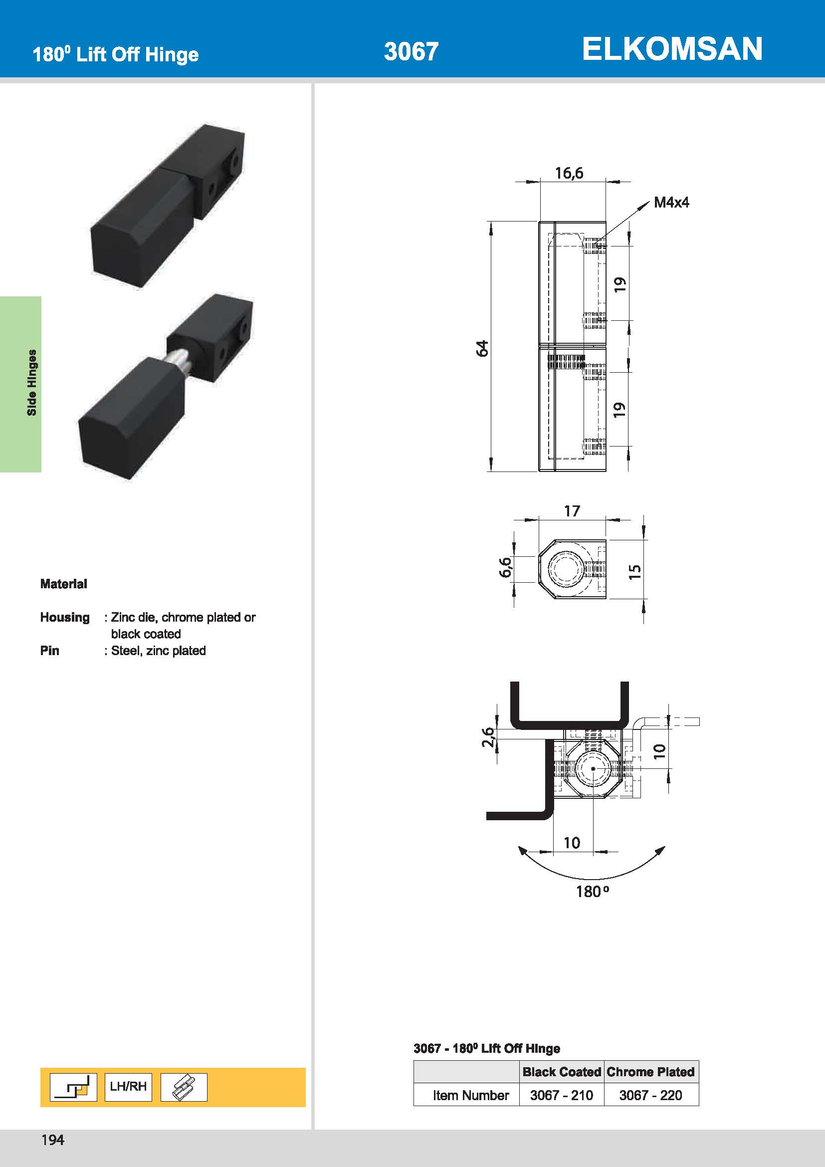 3067 180° Lift Off Hinge