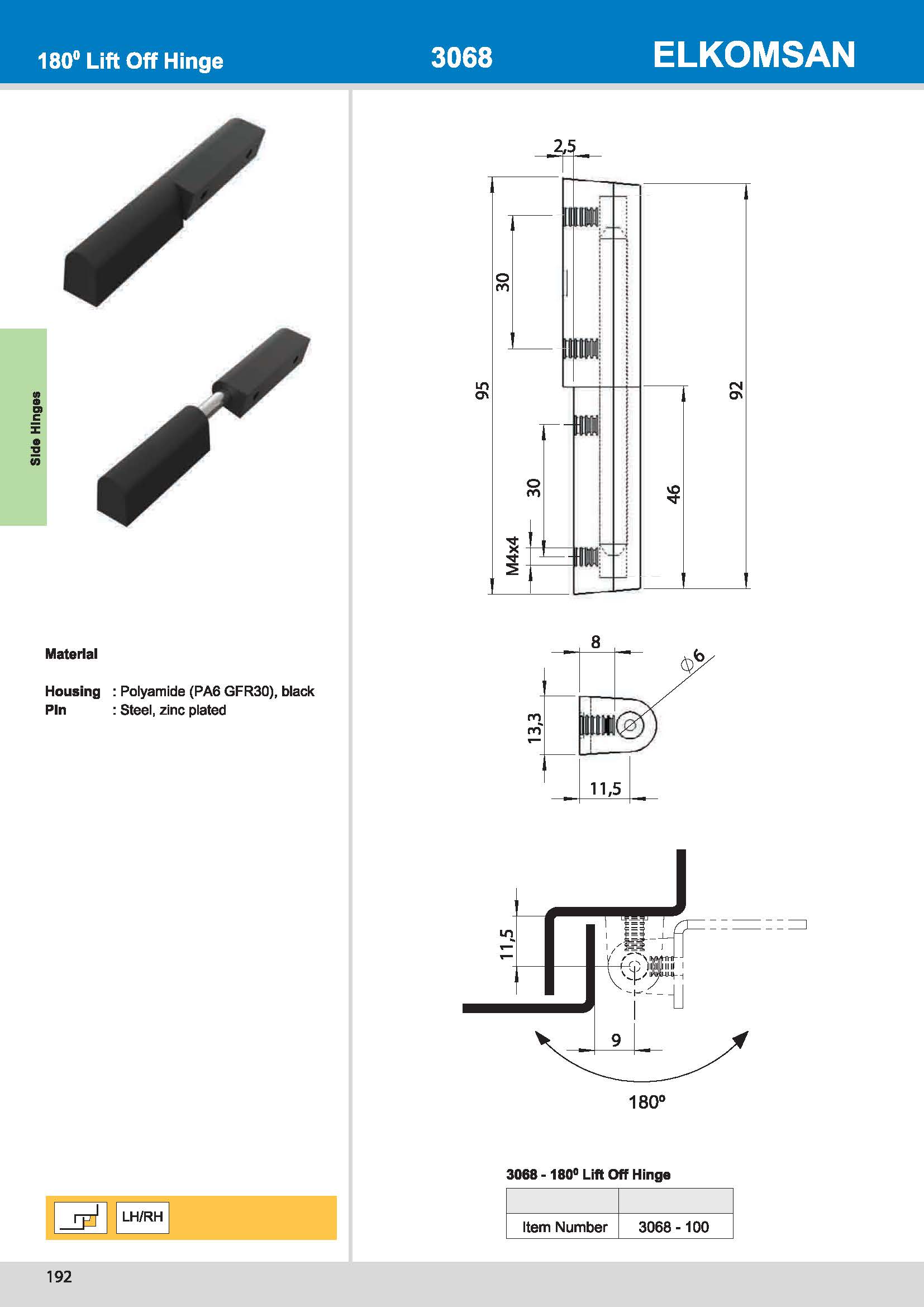 3068 180° Lift Off Hinge