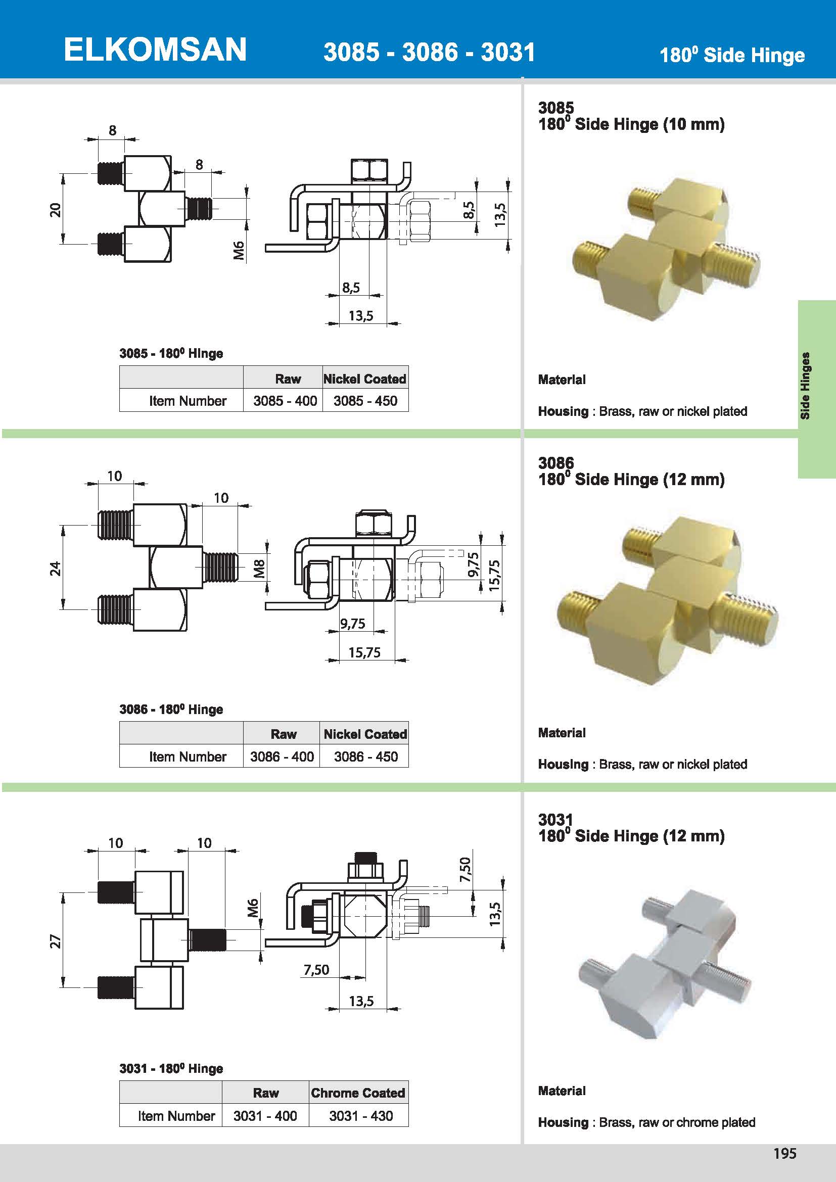 3086 180° Side Hinge (12mm)