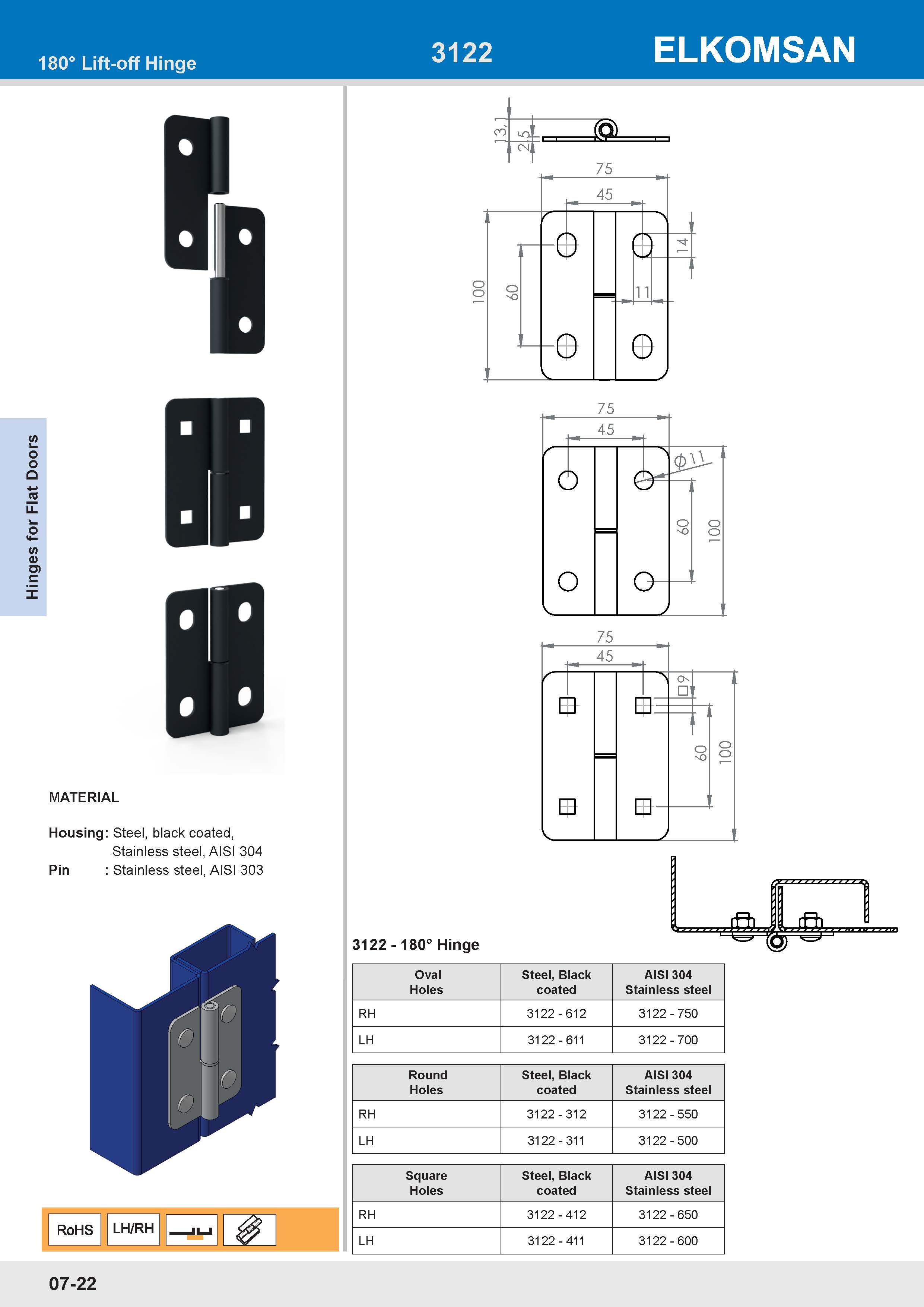 3122 180° Lift-off Hinge
