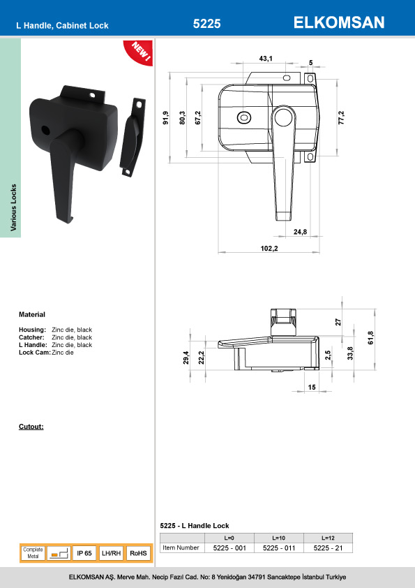 5225 L Handle, Cabinet Lock