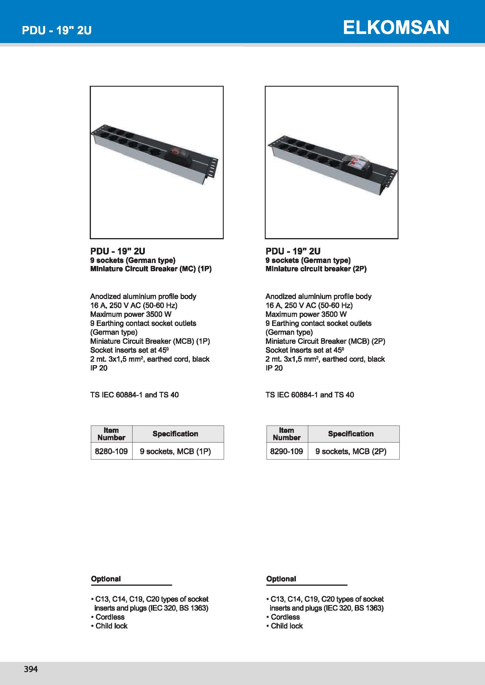 8280 PDU -19" 2U 9 sockets Miniature Circuit Breaker (MC) (1 P)