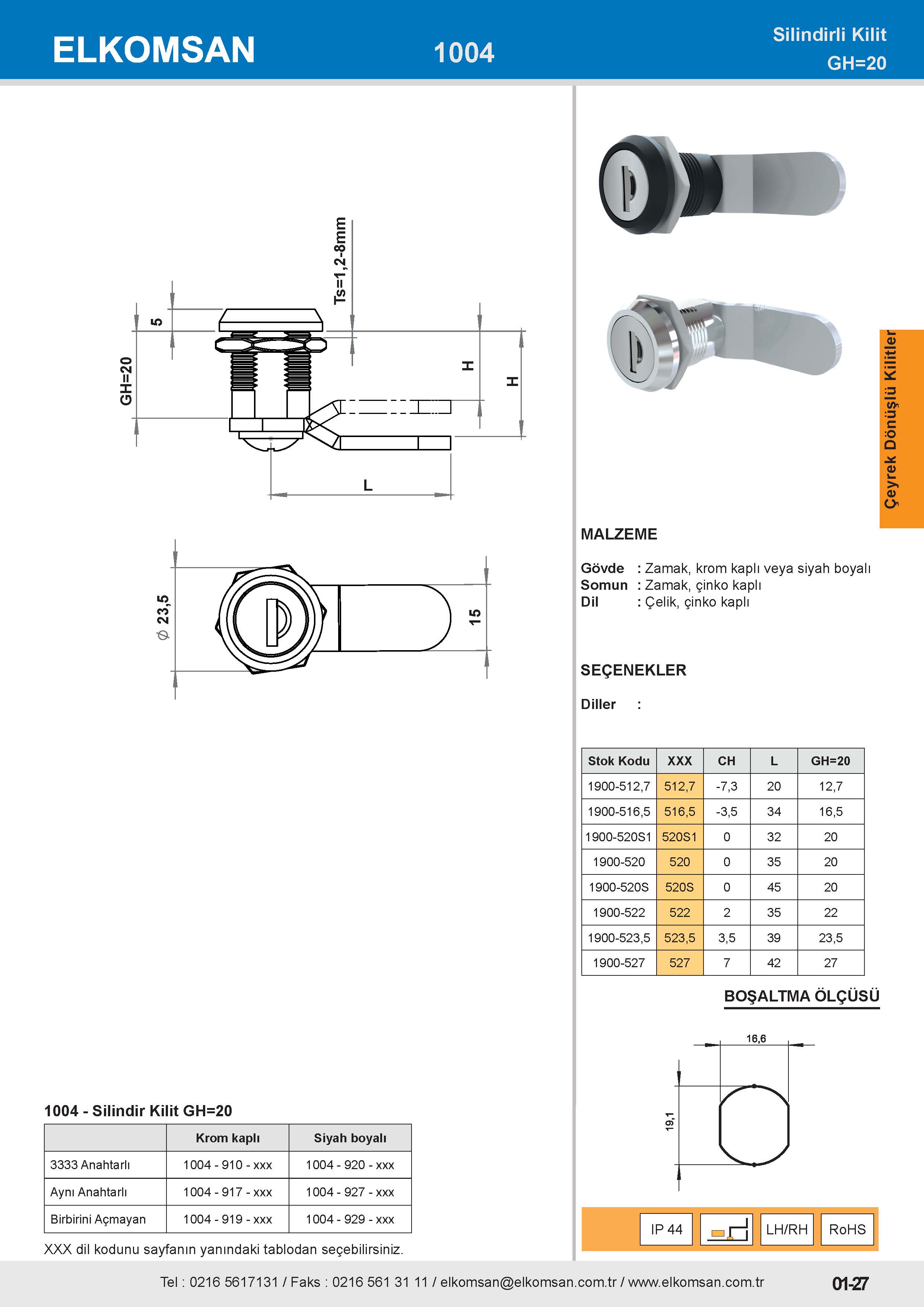 1004 Çeyrek Dönüşlü Kilit GH=20