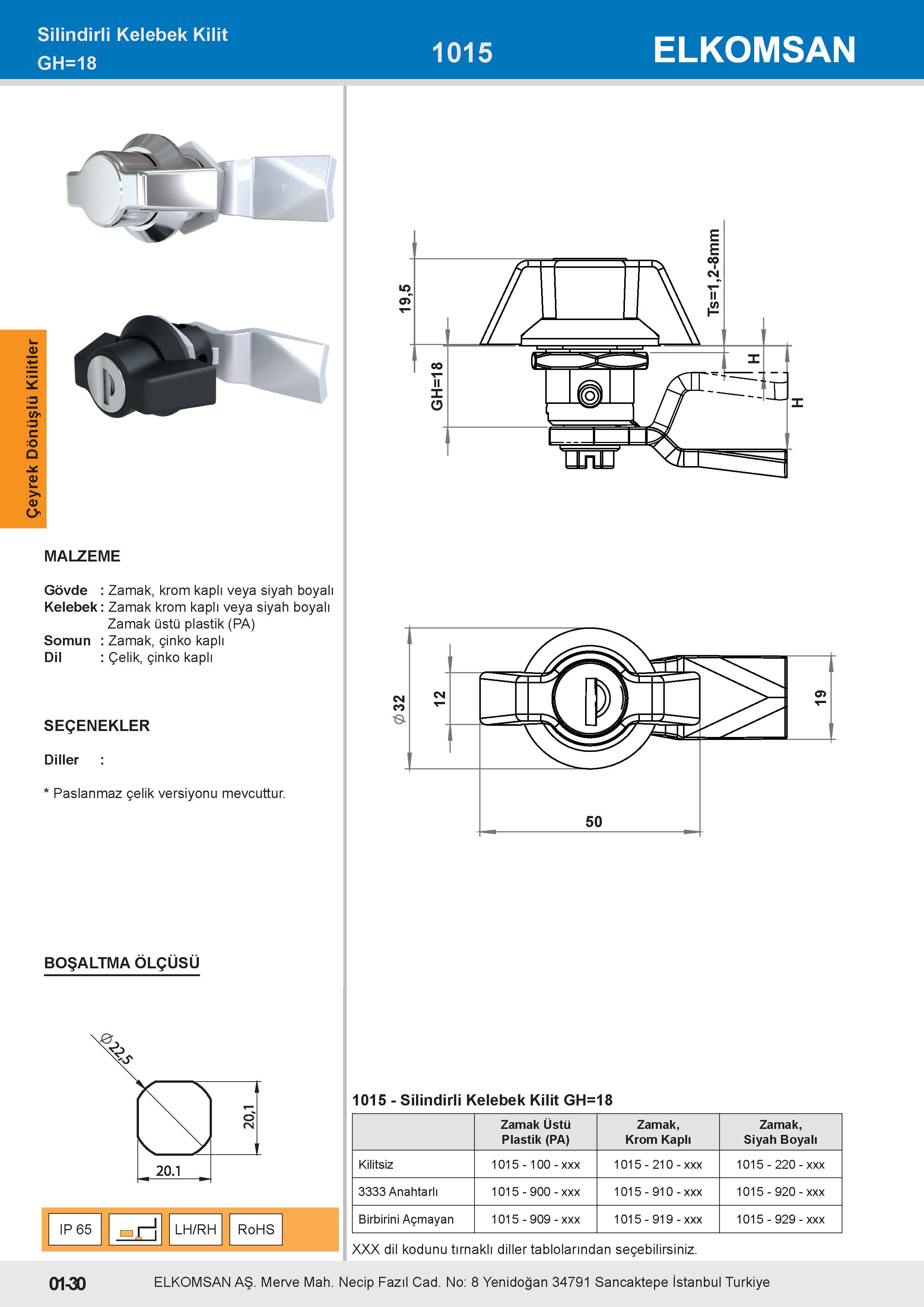 1015 Silindirli Kelebek Kilit GH=18