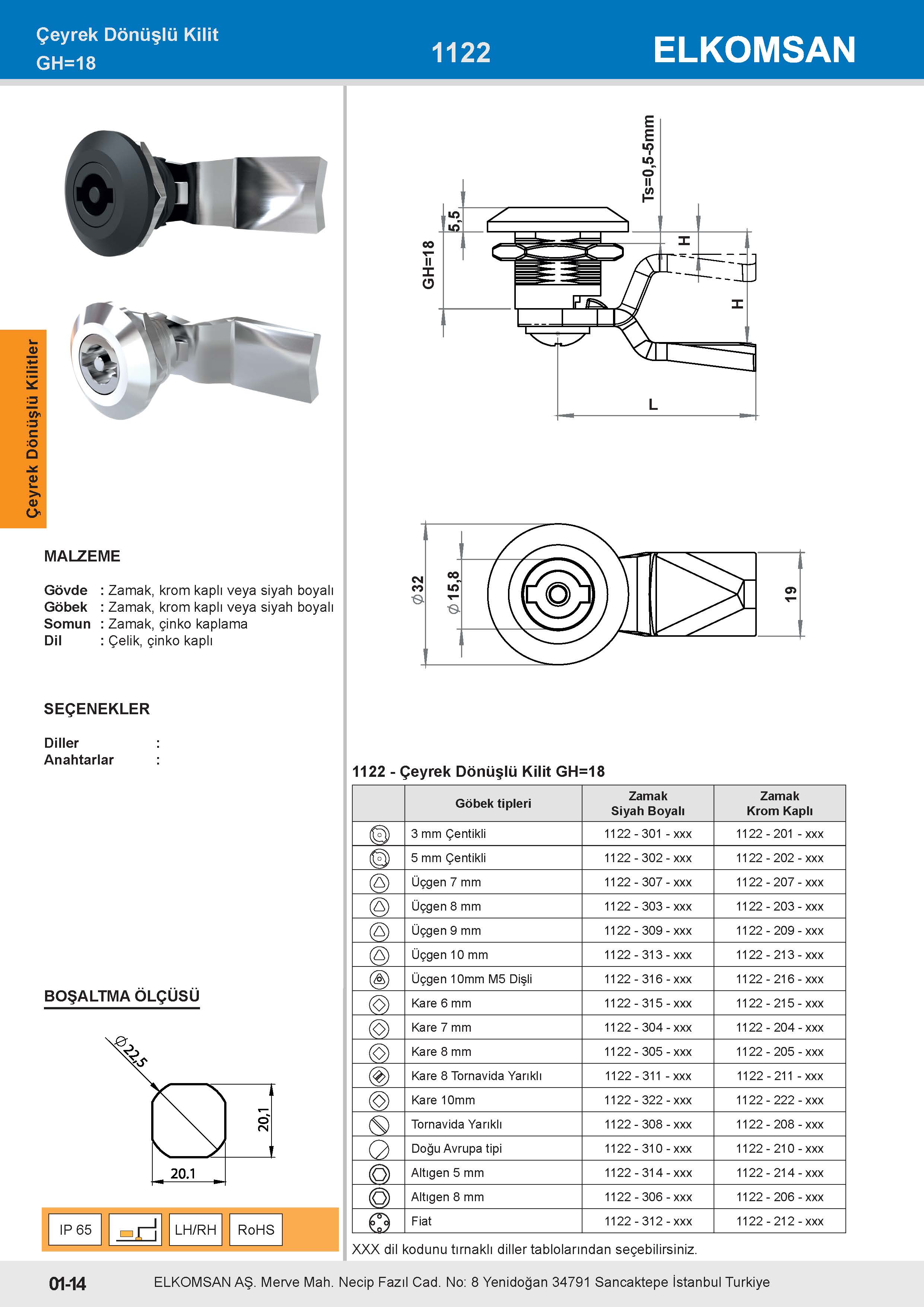 1122 Çeyrek Dönüşlü Kilit GH=18