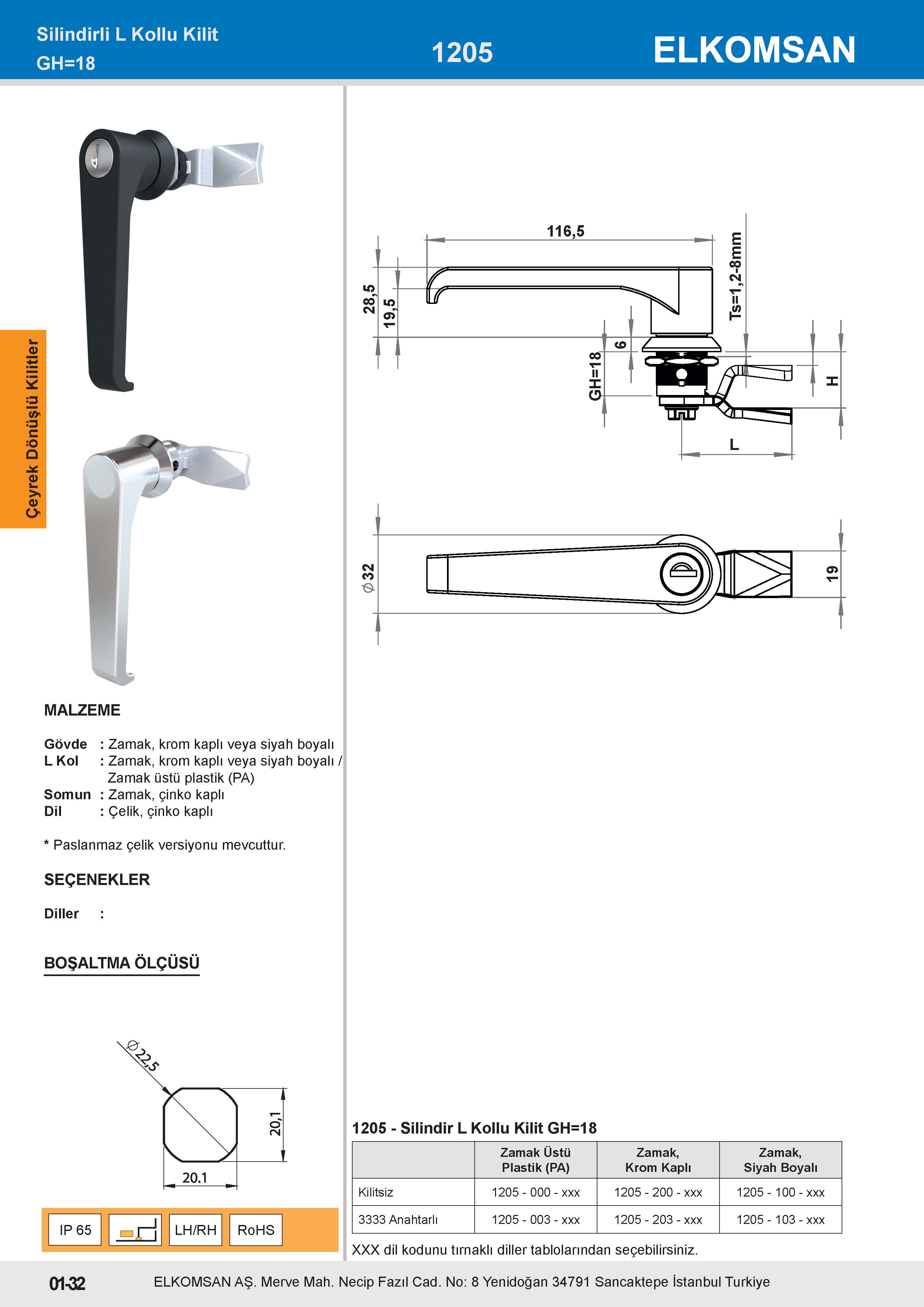 1205 Silindir L Kollu Kilit GH=18
