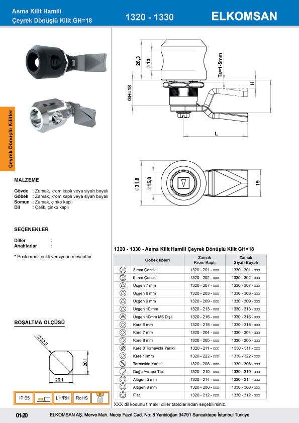 1330 Asma Kilit Hamili Çeyrek Dönüşlü Kilit GH=18