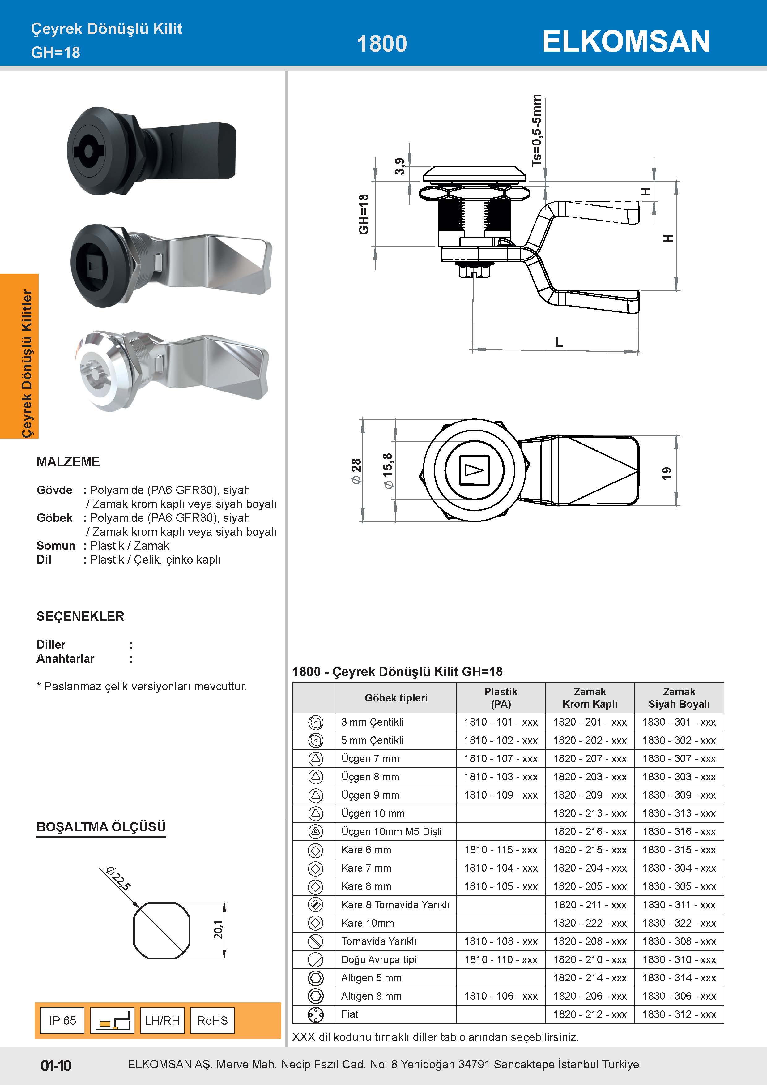 1800 Çeyrek Dönüşlü Kilit GH=18
