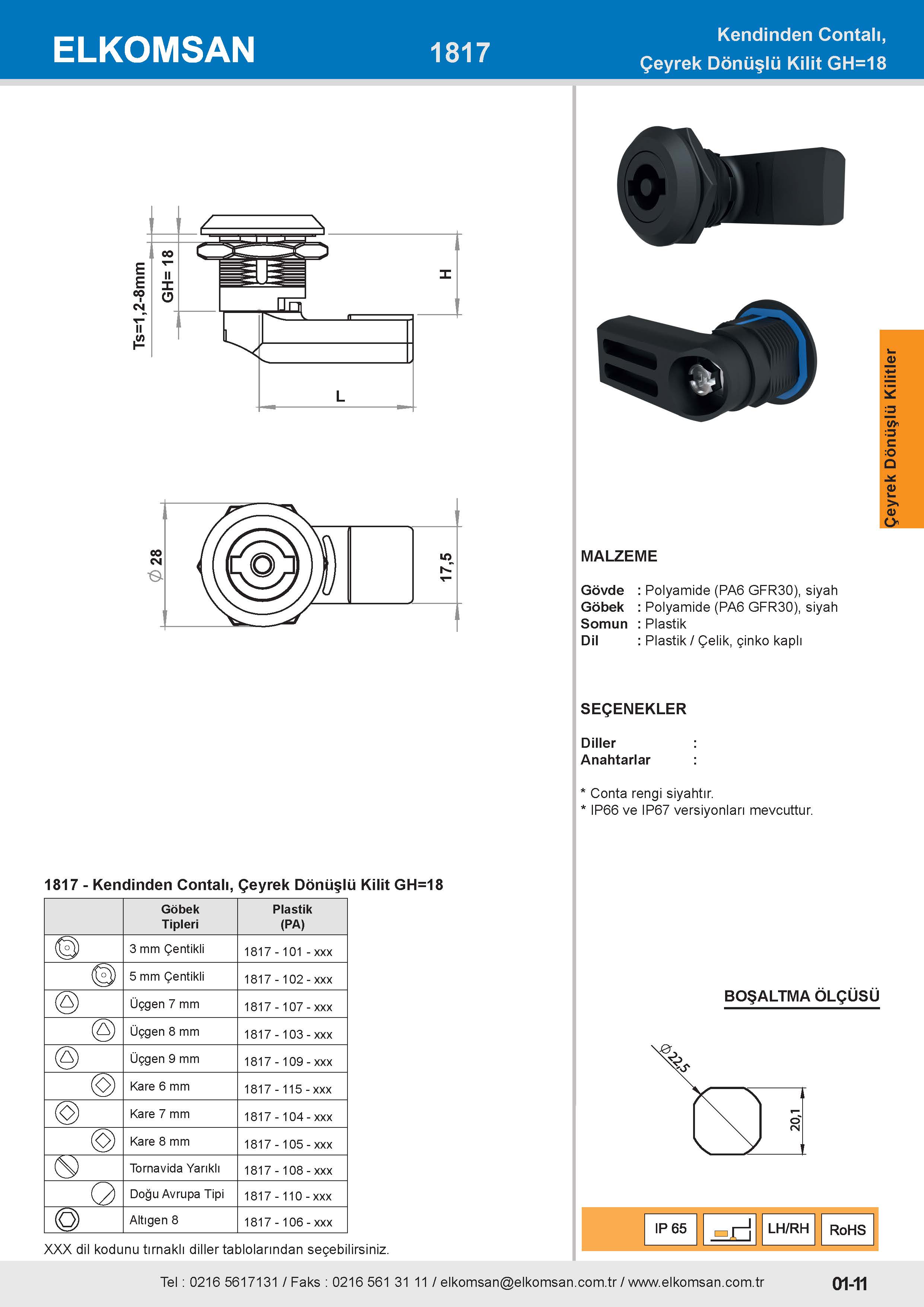 1817 Kendinden Contalı, Çeyrek Dönüşlü Kilit GH=18