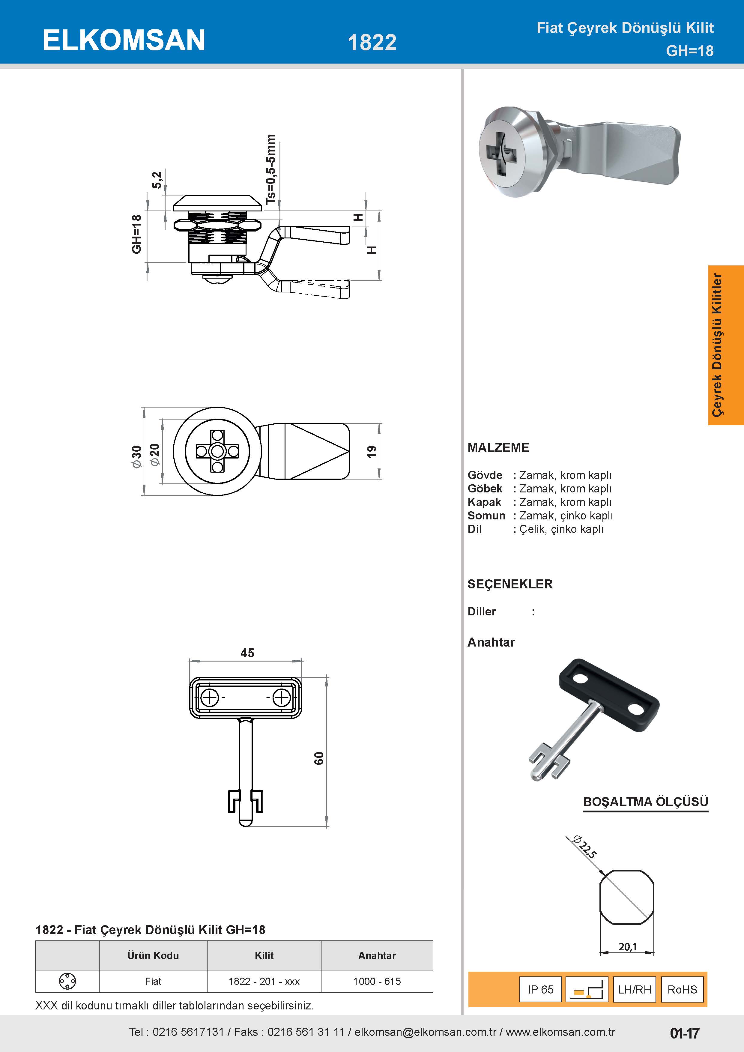 1822 Fiat Çeyrek Dönüşlü Kilit GH=18