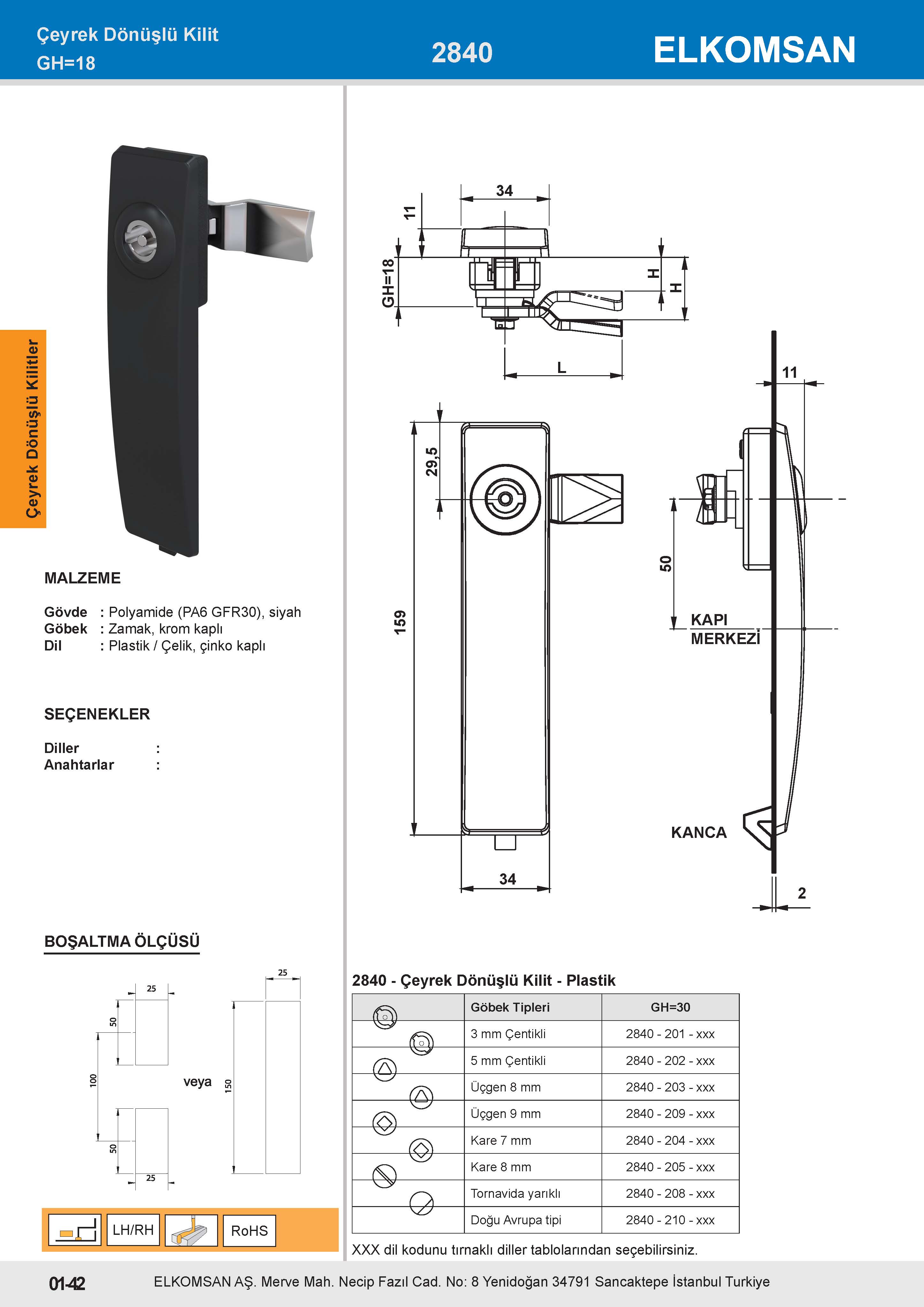 2840 Çeyrek Dönüşlü Kilit GH=18